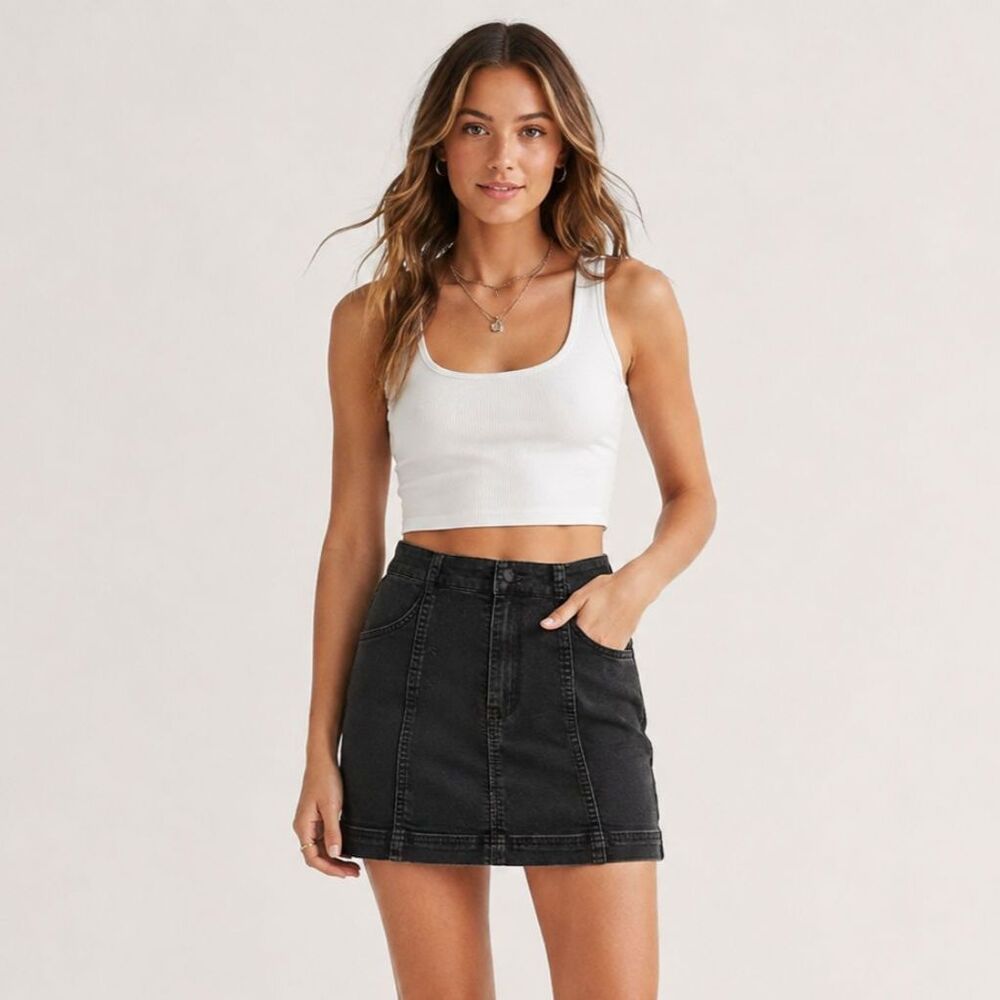 Free People Black Denim Mini Skirt Size 0 High Rise Seamed Stretch Zip Back